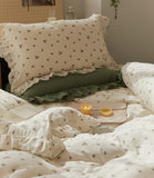 elvesmall Sage Green Cute Peach Ruffled Bedsheet Set