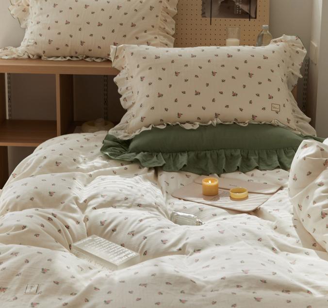 elvesmall Sage Green Cute Peach Ruffled Bedsheet Set