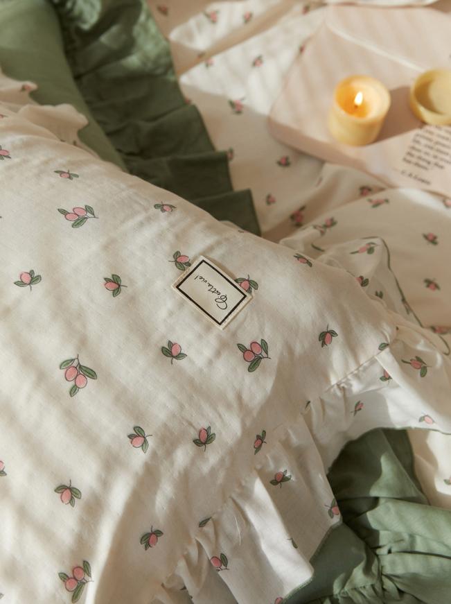 elvesmall Sage Green Cute Peach Ruffled Bedsheet Set