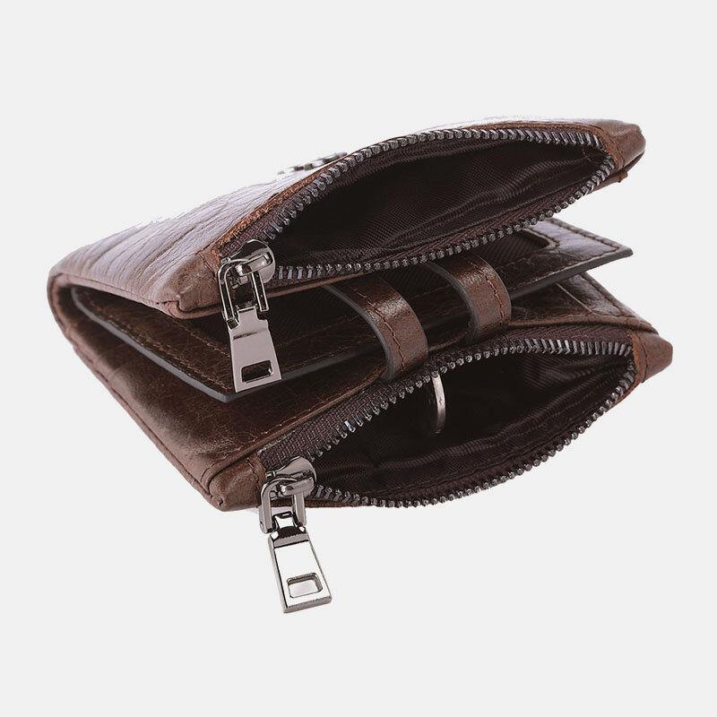 elvesmall Men Genuine Leather Zipper RFID Blocking Anti-theft Retro Business Card Holder Wallet