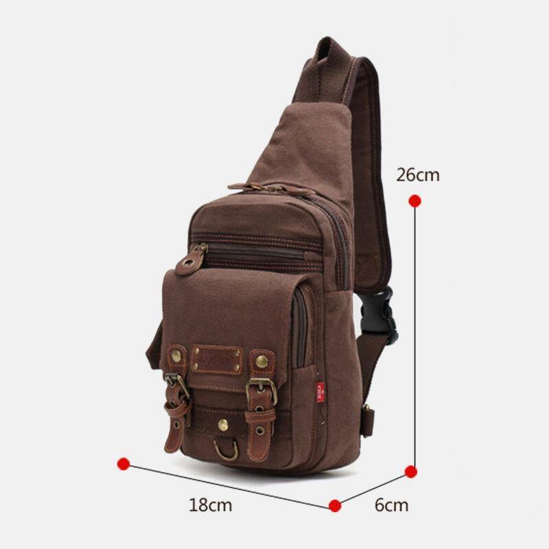 elvesmall Men Genuine Leather And Canvas Travel Outdoor Carrying Bag Personal Crossbody Bag Chest Bag