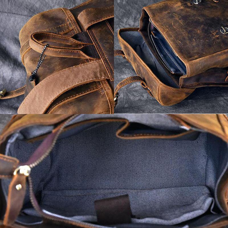 elvesmall Men PU Leather Contrast Color Vintage Business Outdoor Large Capacity 14 Inch Laptop Bag Backpack