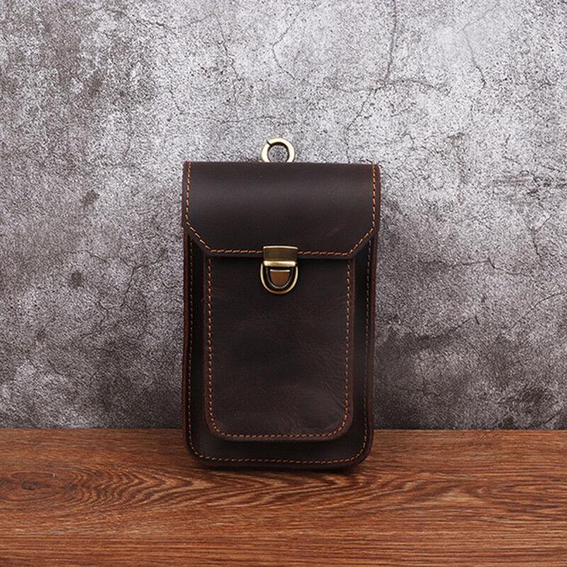 elvesmall Men Genuine Leather 5.5 6.5 Inch Phone Bag Leather Hanging Waist Bag