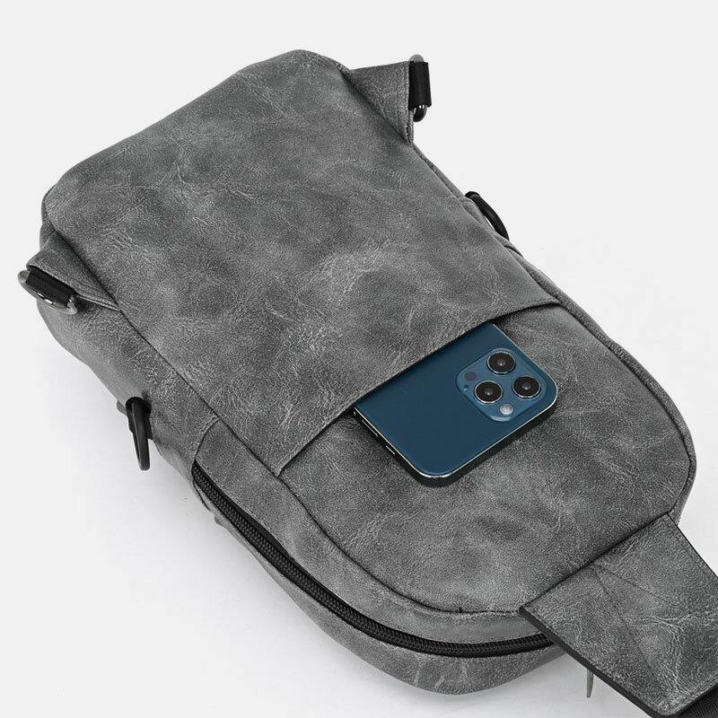 elvesmall Men PU Leather Waterproof Multi-Pocket Headphone Hole Casual Chest Bags Shoulder Bag Crossbody Bags