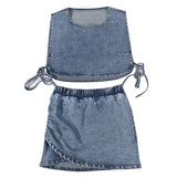 elvesmall Women Summer Cutout Tie Top and Skirt Stretch Denim Two-Piece Set