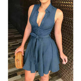elvesmall Women Sleeveless Denim Deep V neck Dress Summer Mini Blue Dress