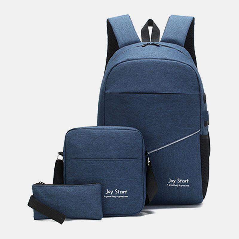 elvesmall Men 3PCS Nylon USB Charging Wear-resistance Fashion Casual Laptop Bag Backpack Crossbody Bag Clutch Bag