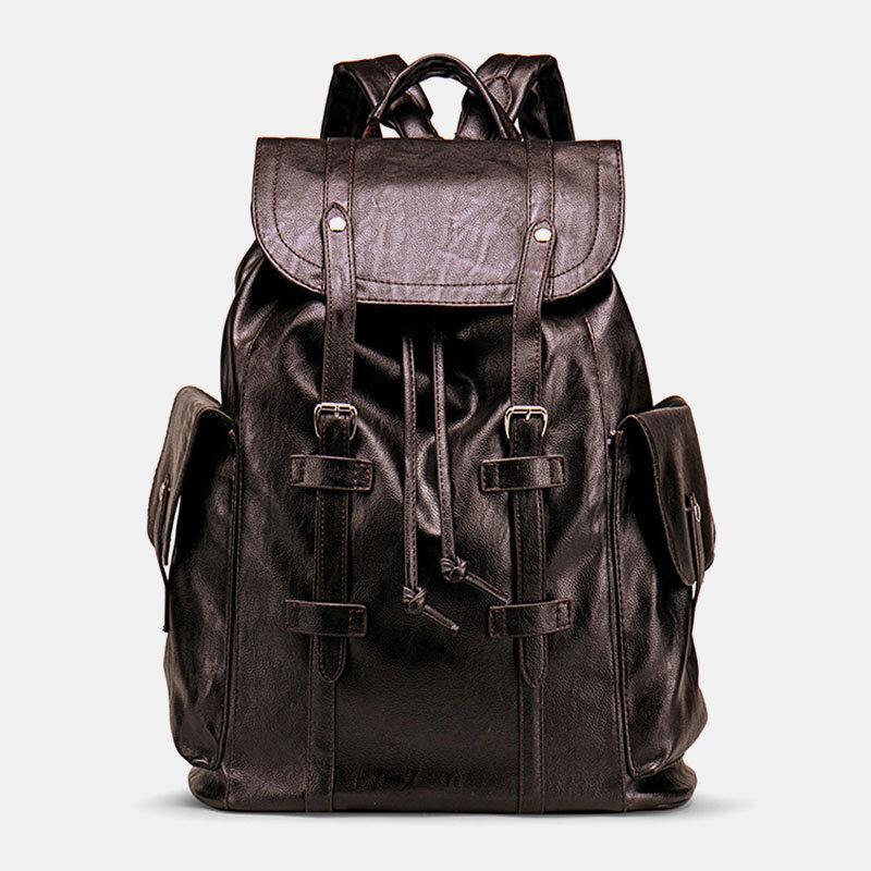 elvesmall Men Retro Faux Leather Large Capacity Waterproof School Bag Travel Backpack