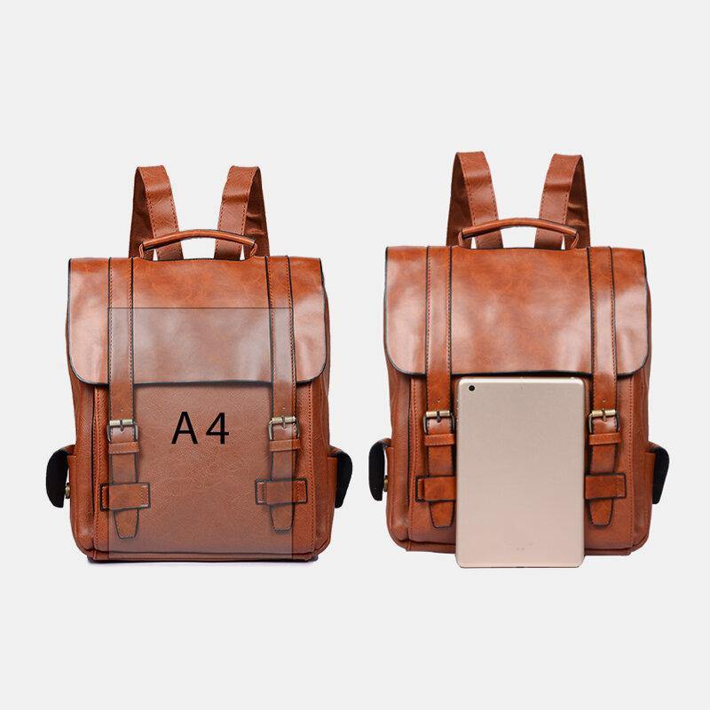 elvesmall Men Faux Leather Retro Business Outdoor Waterproof Large Capacity School Bag Backpack