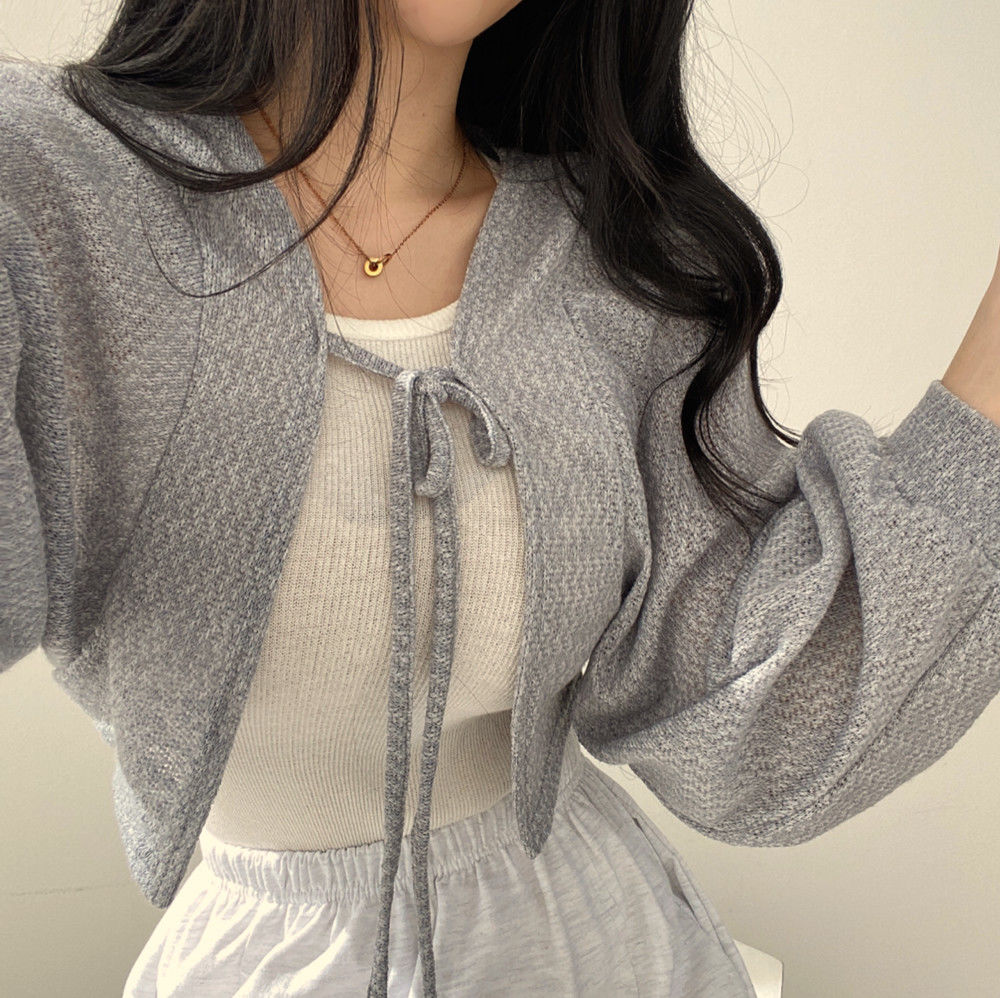 Elvesmall  Thin White Cardigan Bandage Lantern Sleeve Short Coat Pull Femme Knitwear Top Girl Cardigan Korean Style Casual T Shirt