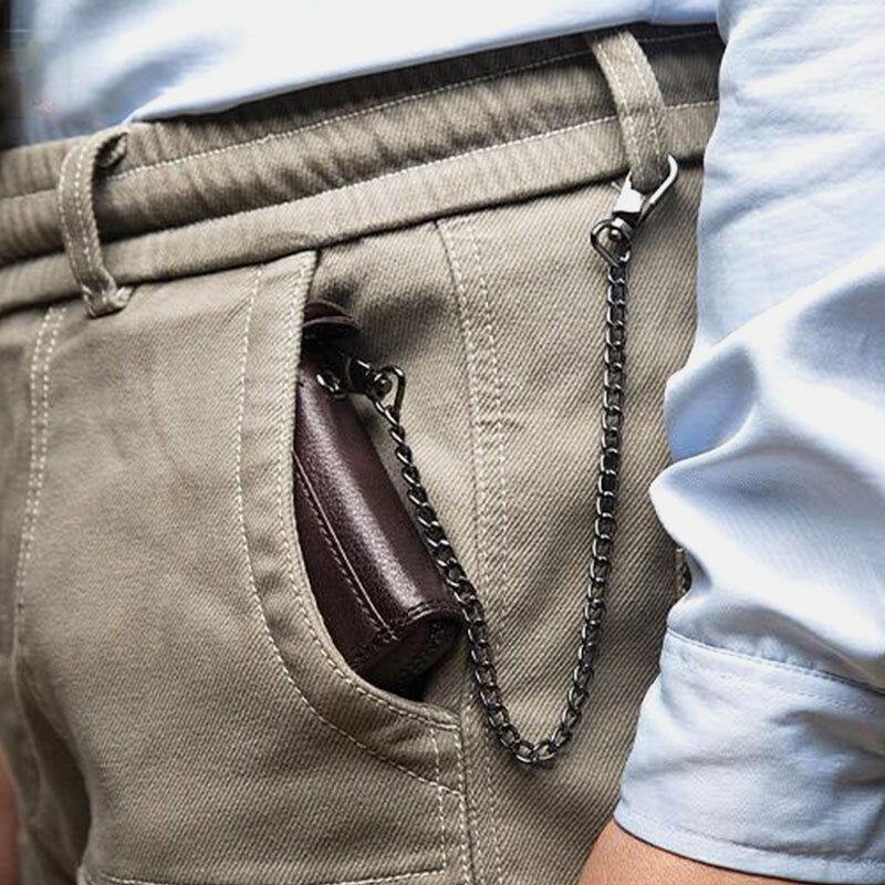 elvesmall Men Genuine Leather Chain RFID Blocking Anti-theft Zipper Multi-slot Card Holder Wallet