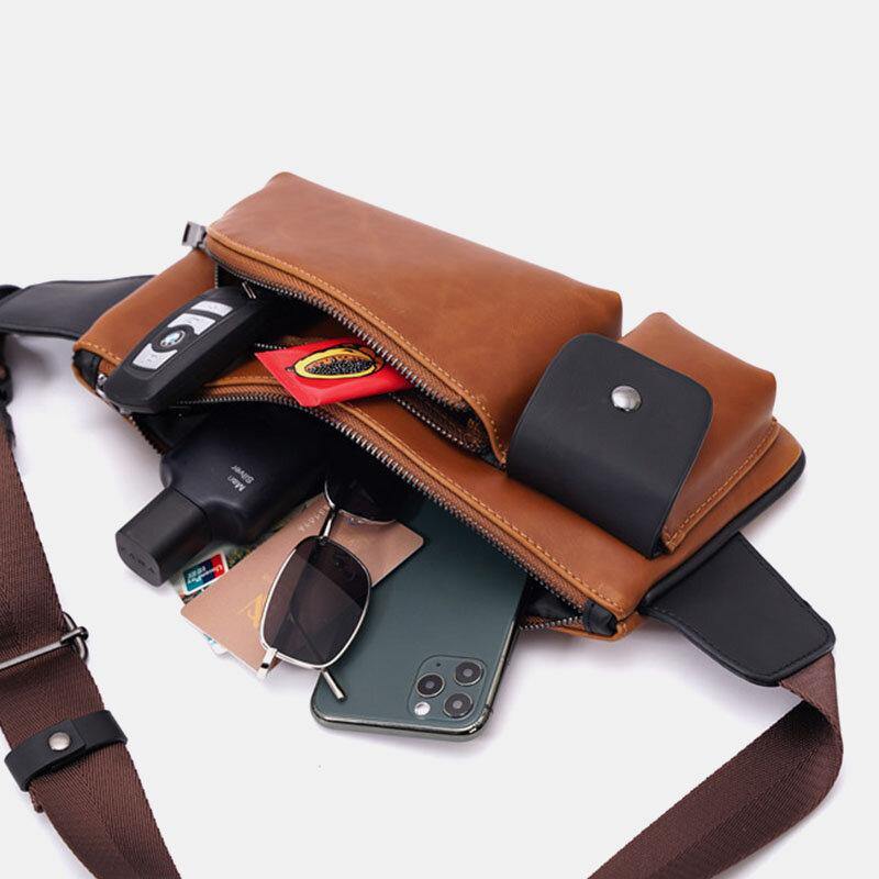 elvesmall Men Faux Leather Retro Business Casual Multi-carry Waist Bag Chest Bag Sling Bag