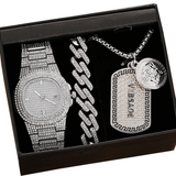 trendha 3 Pcs Men Watch Set Inlaid Diamond Steel Band Quartz Watch Necklace Bracelet Jewelry Gift Kit