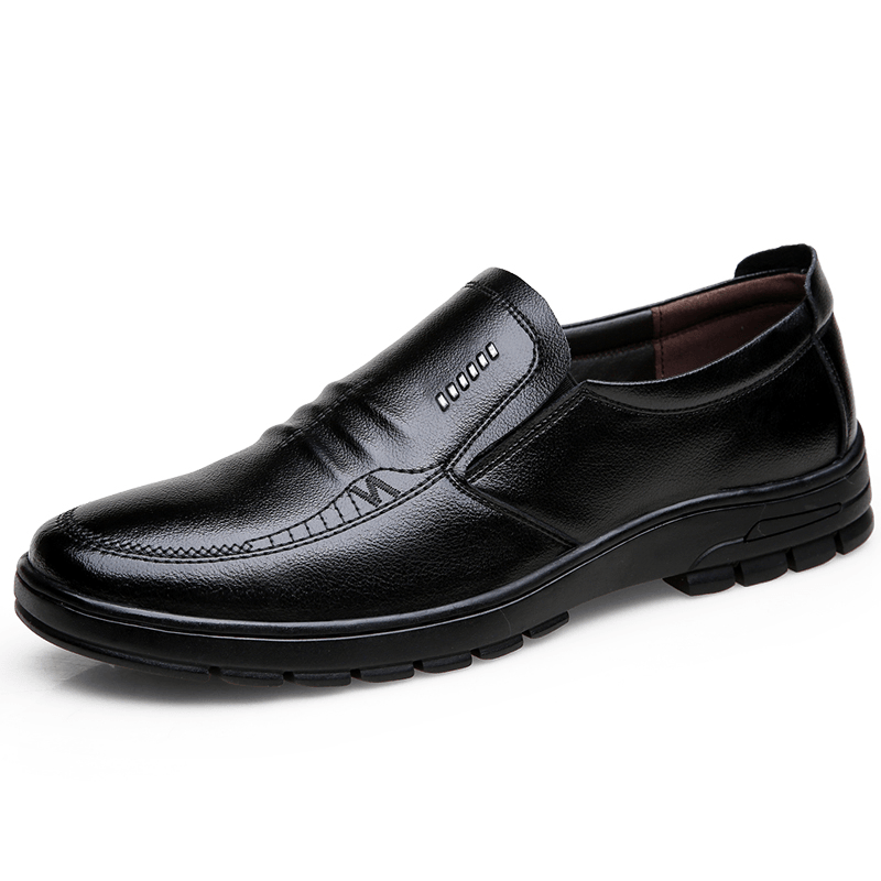 elvesmall Men Cowhide Leather Soft Bottom Slip on Warm Lining Comfy Dress Casual Business Shoes