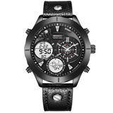 elvesmall BOAMIGO F940 Dual Time Zones Analog Digital Watch Leather Band LED Light Men Wrist Watch