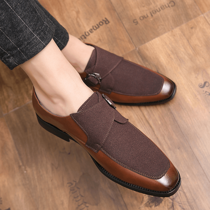 elvesmall Men Retro Metal Buckle Leather Splicing Synthetic Suede Comfy Wearable Business Casual Shoes