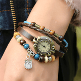 trendha Retro Style Vintage Braided Quartz Watch Atmospheric Beaded Leather Owl Pendant Bracelet Watch