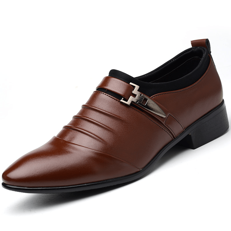 elvesmall Men Solid Color Folds Comfy Microfiber Leather Non Slip Formal Shoes