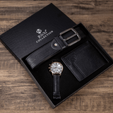 trendha XSVO 3Pcs Men Gift Set Classic Business Leather Wristband Male Quartz Watch Folding Wallet Belt