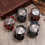 trendha Deffrun Retro Style Decorative Three Dial Quartz Watch Cowhide Leather Band Men Wrist Watch