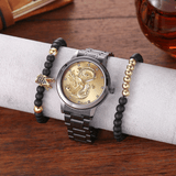 trendha Alloy Stainless Steel Dragon Pattern Men Business Watch Decorated Pointer Quartz Watch Bracelet