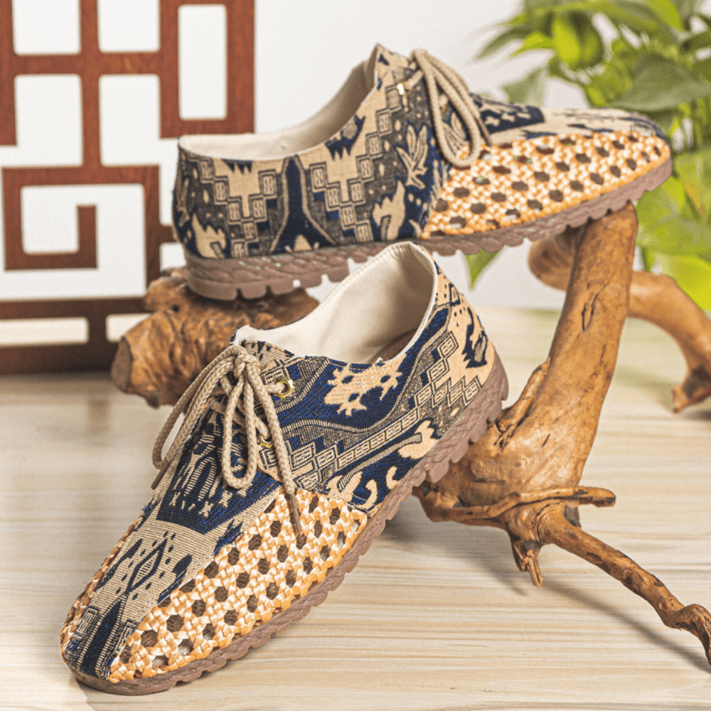 elvesmall Men Hollow Out Woven Breathable Non Slip Chinese Style Pattern Casual Canvas Shoes