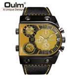 trendha OULM Big Dial Vintage Multi Time Zones Quartz Watch PU Leather Band Men Wrist Watch