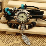 trendha Retro Style Vintage Cowhide Multi-Layer Quartz Watch Weave Feather Pendant Leather Bracelet Watch