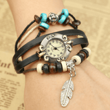 trendha Retro Style Vintage Cowhide Multi-Layer Quartz Watch Weave Feather Pendant Leather Bracelet Watch