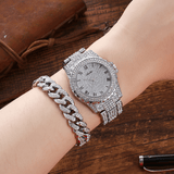 trendha 3PCS / Set Luxury Fashion Men Watch Set Inlaid Rhinestones Steel Strap Quartz Watch Necklace Bracelet