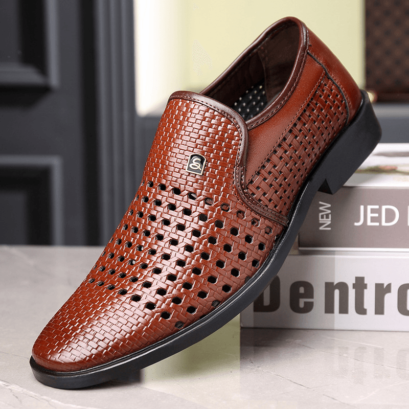 elvesmall Men Microfiber Leather Hole Non Slip Breathable Business Casual Formal Shoes