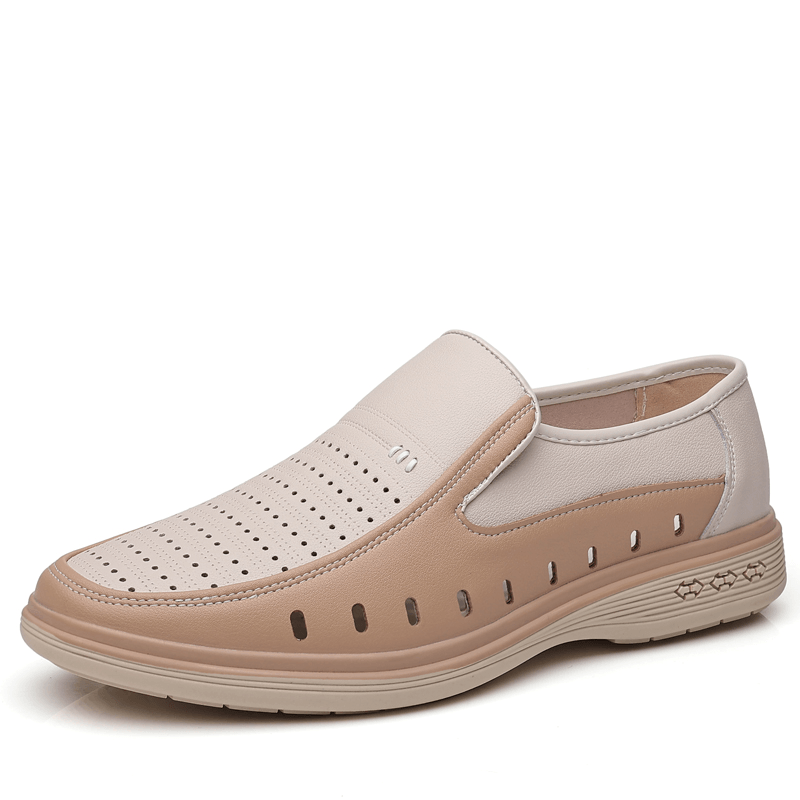 elvesmall Breathable Cowhide Leather Slip-On Casual Shoes for Men with Hollow Out Design