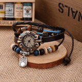 trendha Retro Style Vintage Braided Quartz Watch Atmospheric Beaded Leather Owl Pendant Bracelet Watch