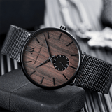 trendha Ultra Thin Men Business Watch Ebony Wood Grain Bamboo Wood Dial Waterproof Stainless Steel Mesh Band Quartz Watch