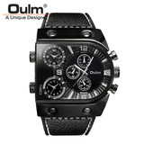 trendha OULM Big Dial Vintage Multi Time Zones Quartz Watch PU Leather Band Men Wrist Watch