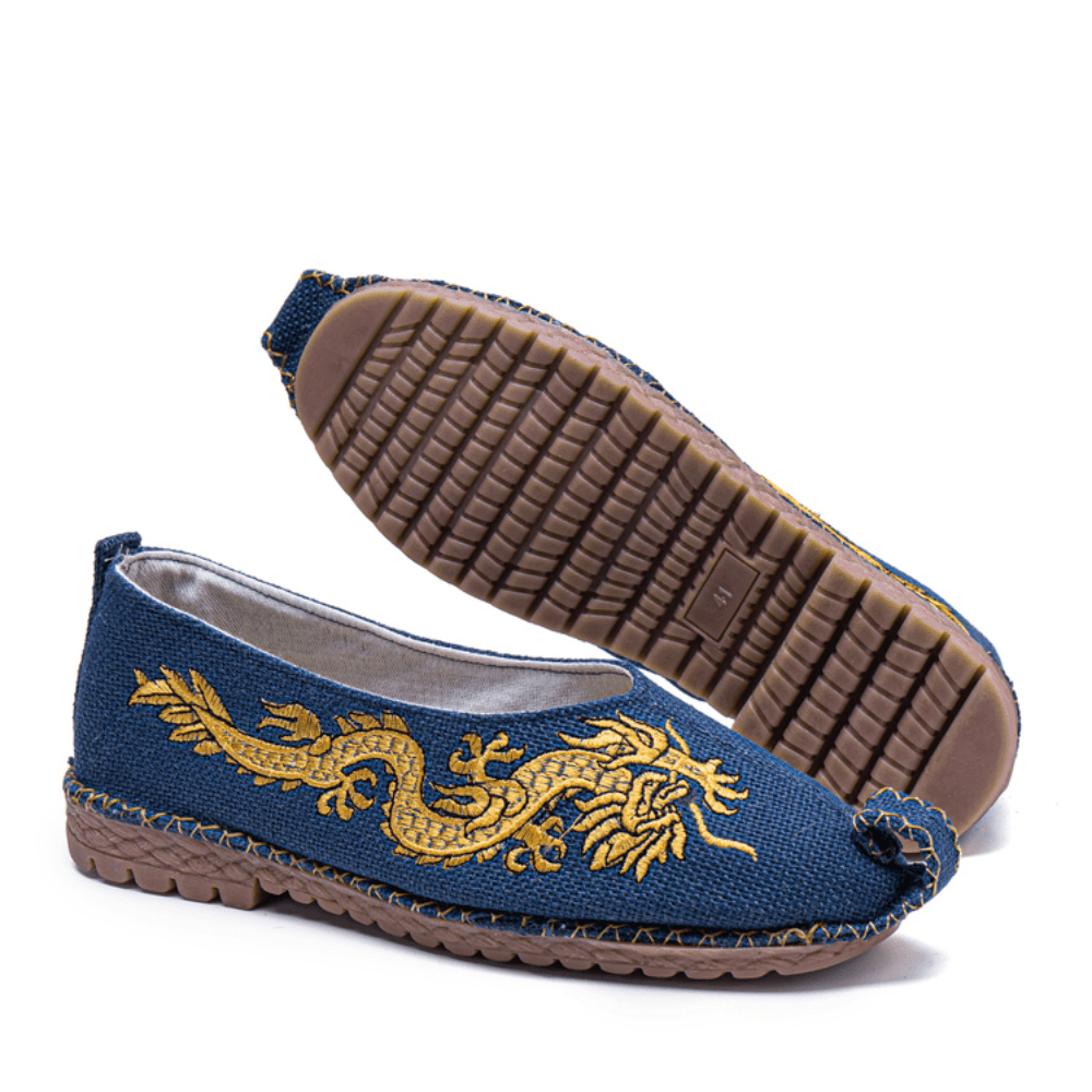 elvesmall Men Breathable Non Slip Old Peking Dragon Embroidery Comfy Casual Linen Shoes