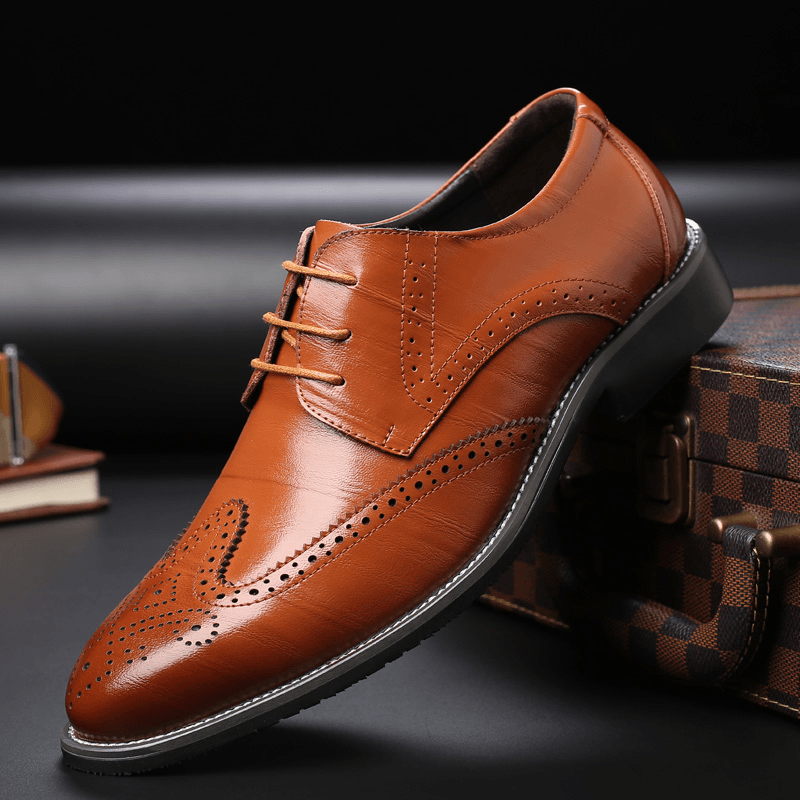 elvesmall Menico Men Brief Cowhide Lace-Up Pointed Toe Business Dress Shoes