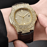 trendha Fashion Elegent Alloy PU Leather Men Vintage Diamond Watch Belt Quartz Watch