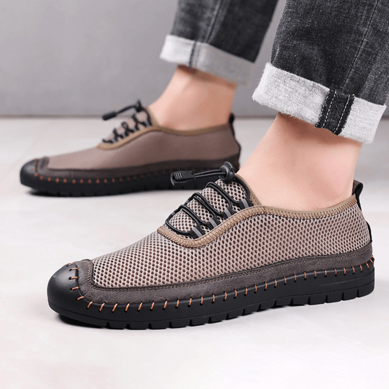 elvesmall Men Mesh Breathable Hollow Out Hand Stitching Soft Bottom Closed Toe Casual Shoes