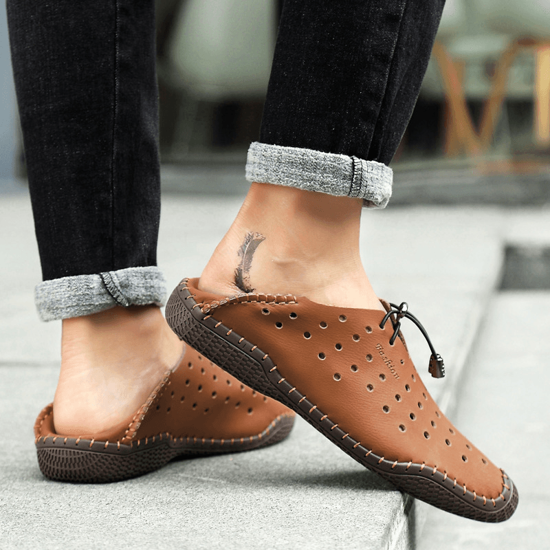 elvesmall Men Leather Hand Stitching Breathable Hollow Out Soft Comfy Driving Casual Shoes