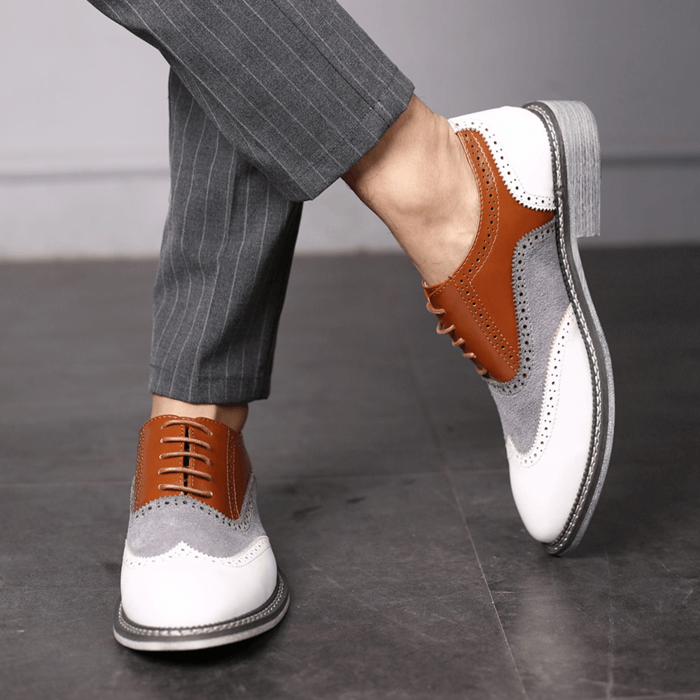 elvesmall Men Brogue Colorblock Oxfords Lace up Business Casual Formal Shoes
