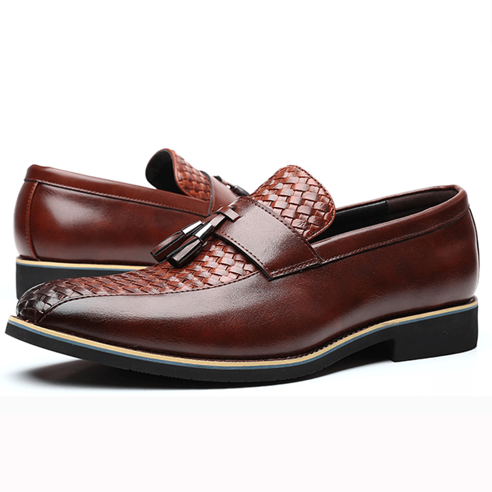 elvesmall Men Tassel Decor Microfiber Leather Non Slip Business Casual Formal Shoes