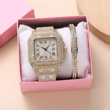 trendha Fashion Alloy Business 2 PCS Square Full Diamond Steel Band Quartz Watch Bracelet Set