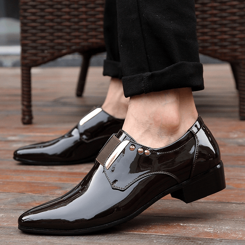 elvesmall Men Patent Leather Glossy Pointed Toe Slip-On Dress Shoes