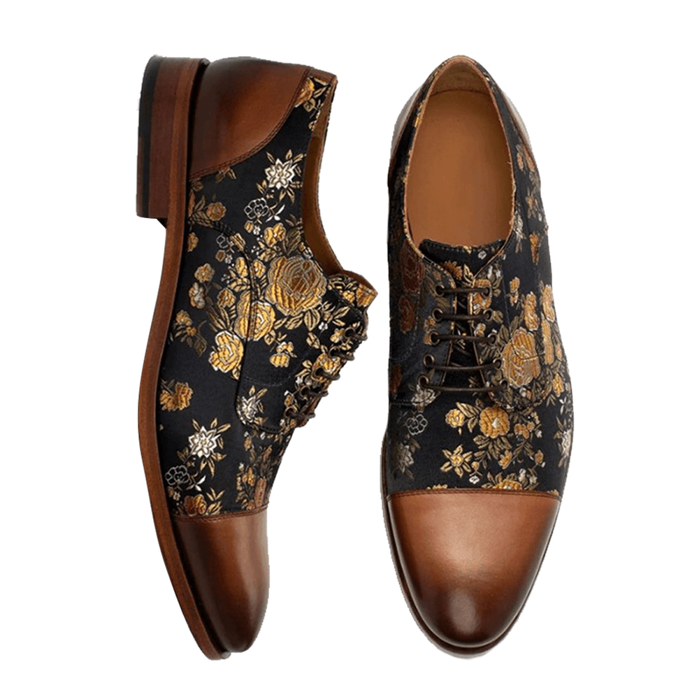 elvesmall Men Floral Printed British Style Cap Toe Comfy Casual Formal Dress Shoes