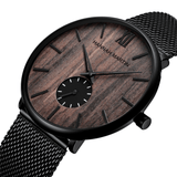 trendha Ultra Thin Men Business Watch Ebony Wood Grain Bamboo Wood Dial Waterproof Stainless Steel Mesh Band Quartz Watch