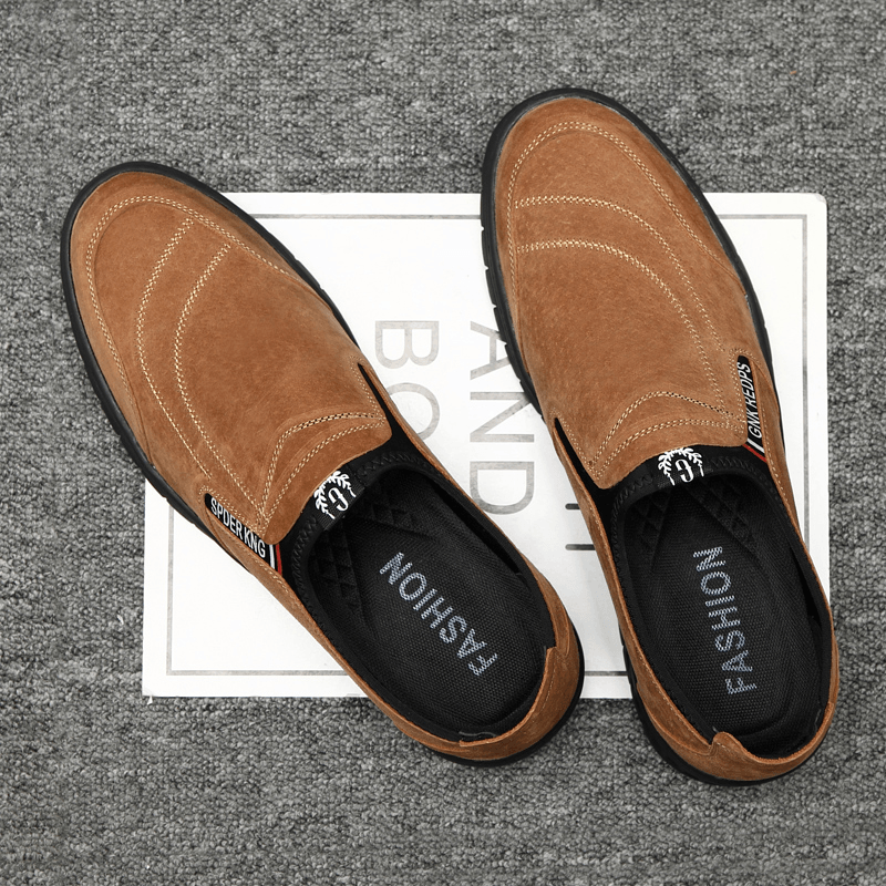 elvesmall Men Comfy Pigskin Leather Stitching Non-Slip round Toe Lazy Slip-On Loafers Shoes