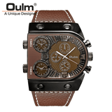 trendha OULM Big Dial Vintage Multi Time Zones Quartz Watch PU Leather Band Men Wrist Watch