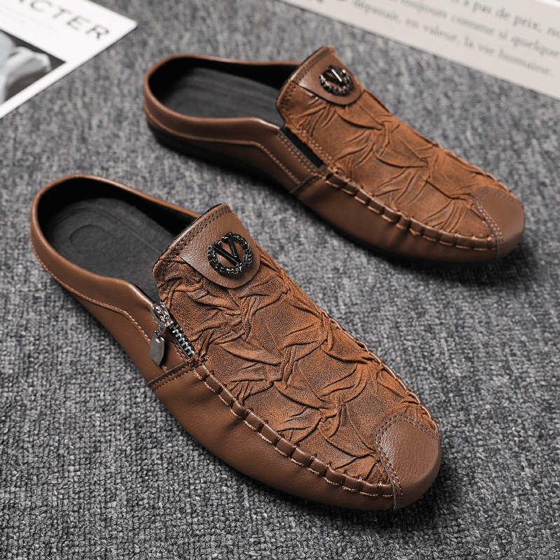 elvesmall Men Leather Vintage Breathable Soft Bottom Closed Toe Comfy Casual Flat Slippers