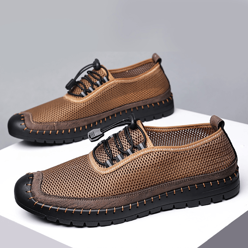 elvesmall Men Mesh Breathable Hollow Out Hand Stitching Soft Bottom Closed Toe Casual Shoes